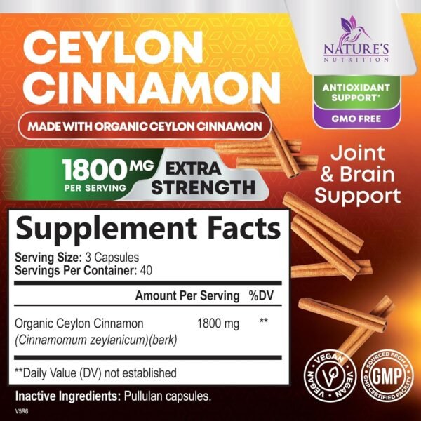 Pure Cinnamon Capsules, Certified Organic Ceylon Cinnamon Pills 120 Capsules