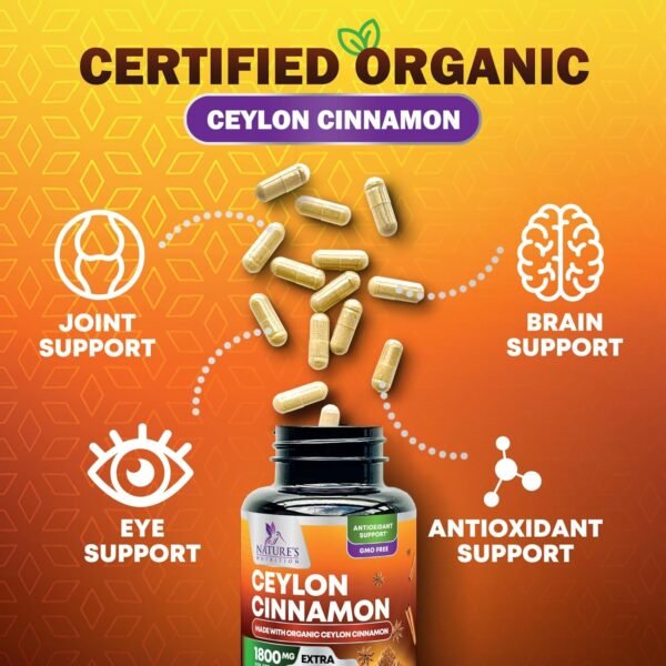 Pure Cinnamon Capsules, Certified Organic Ceylon Cinnamon Pills 120 Capsules